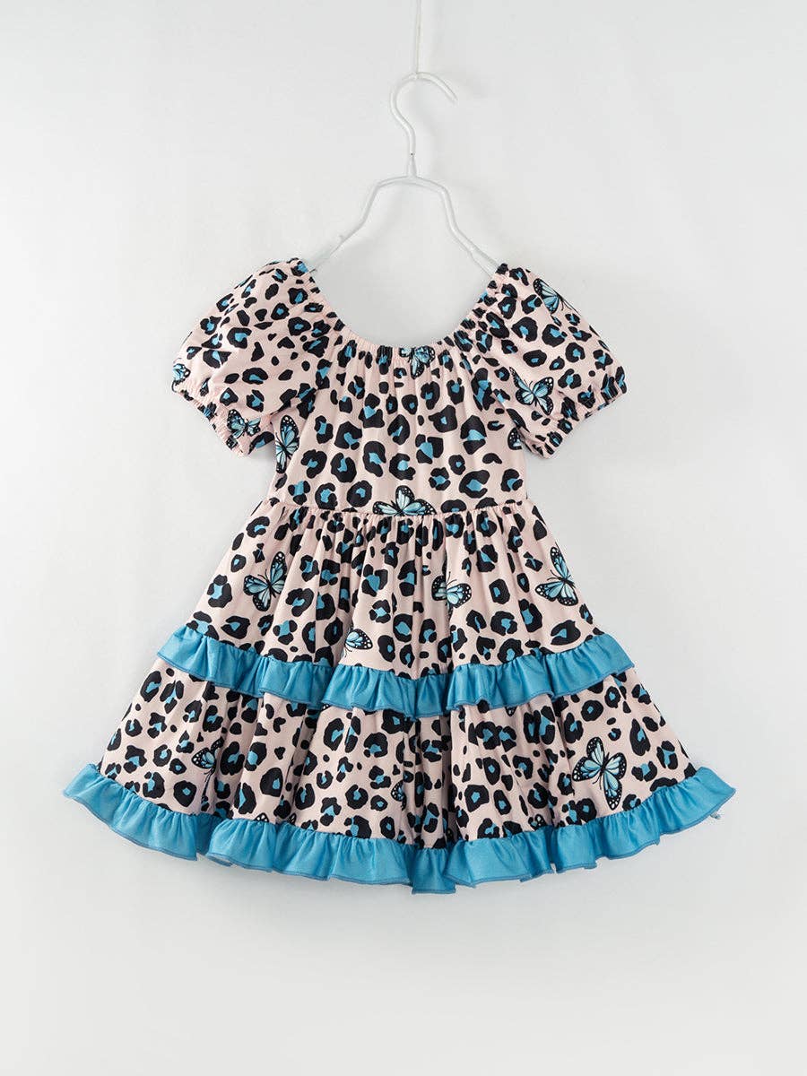 Girls Blue Leopard Butterfly Ruffle Twirl Dress