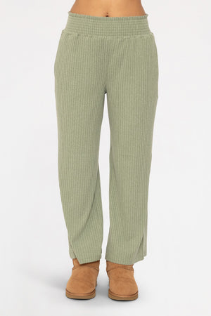 Smocked Waistband Ribbed Wide Leg Pants