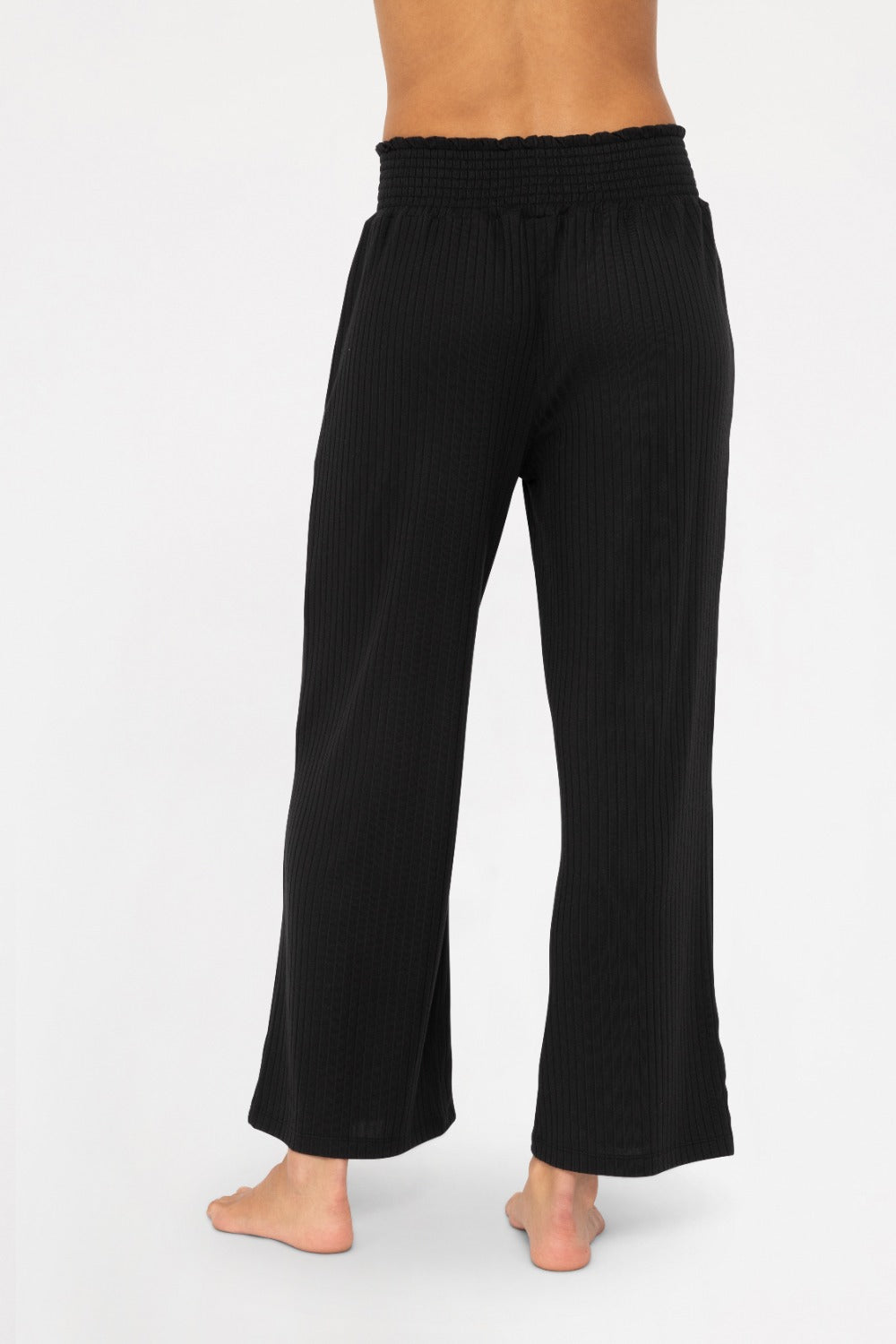 Smocked Waistband Ribbed Wide Leg Pants