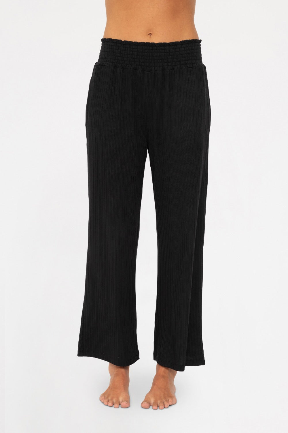 Smocked Waistband Ribbed Wide Leg Pants