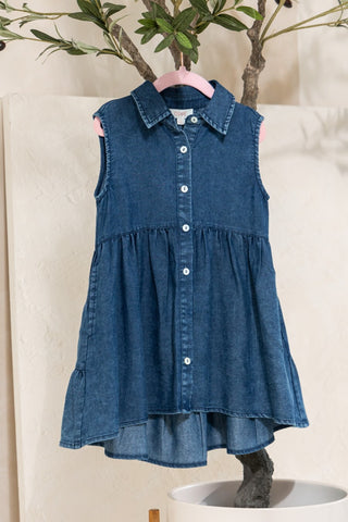 Girls Washed Denim Mini High Low Hemline Dress