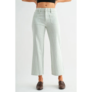 Mica High Rise Wide Leg Cropped Stripe - Sage/White
