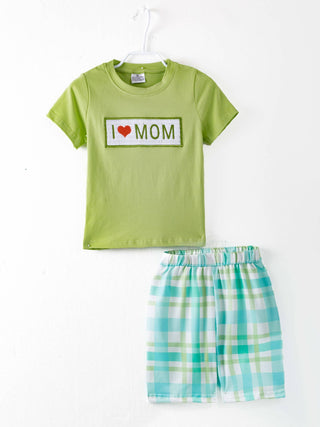 Boys Green Plaid I Love Mom Short Set