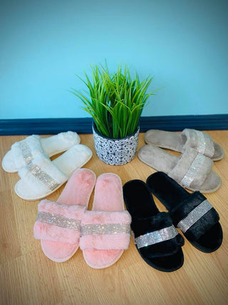 Plush Faux Fur Rhinestone Band Slides