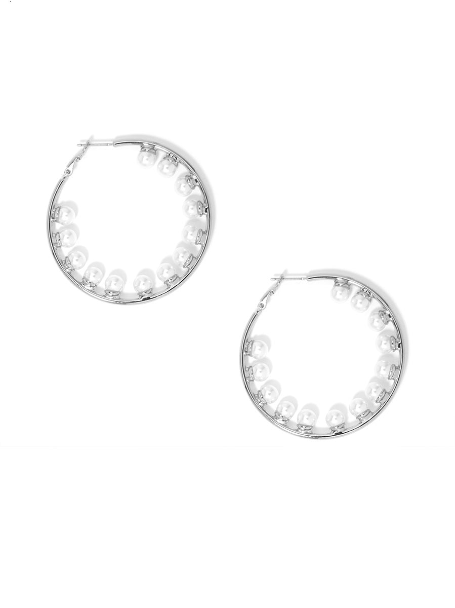 Shiny Metal Hoop Earrings W/ Pearl Accent